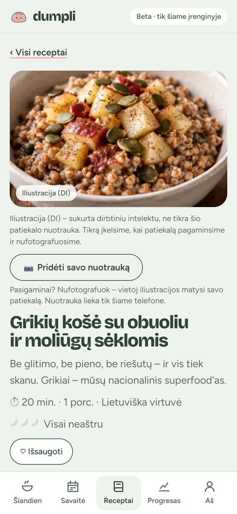 Dumpli programėlė: recepto „Grikių košė su obuoliu ir moliūgų sėklomis“ puslapis su nuotrauka, laiku ir porcijomis