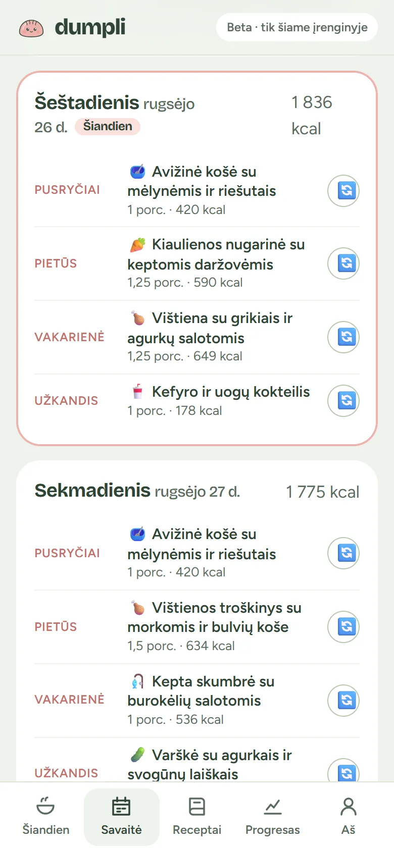 Dumpli savaitės meniu: šeštadienio ir sekmadienio pusryčiai, pietūs, vakarienė ir užkandis su kalorijomis