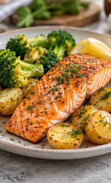 Salmon with potatoes and broccoli