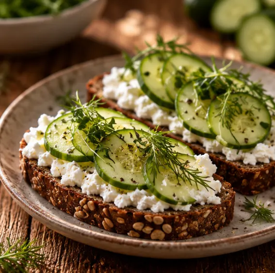 Rye bread sandwiches with curd cheese and cucumber