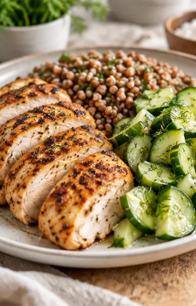 Chicken with buckwheat and cucumber salad